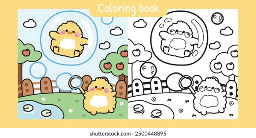 Coloring book.Painting book for kid.Cute chicken play soap bubble on the garden.Chicken stay in bubble on sky background.Apple tree.Farm bird animal character cartoon design.Kawaii.Vector.Illustration