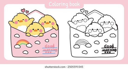 Coloring book.Painting book for kid.Cute chicken in paper mail have clouds and rainbow cartoon design.Message.Card.Good morning text.Farm animal character.Kawaii.Vector.Illustration.