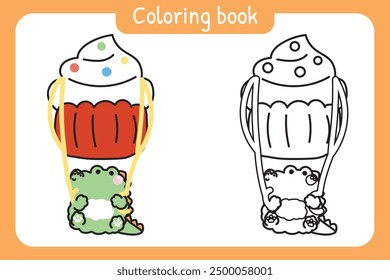 Coloring book.Painting book for kid.Cute crocodile parachute cupcake shape cartoon hand drawn.Bakery,sweet,dessert.Reptile animal character.Kawaii.Vector.Illustration.