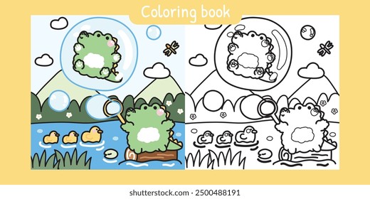 Libro para colorear. Libro de pintura para niños. Lindo juego de cocodrilo burbuja de jabón en la madera con pato en el río en la selva. Estancia de cocodrilo en burbuja y libélula en el fondo del cielo. Dibujos animados de animales reptiles.