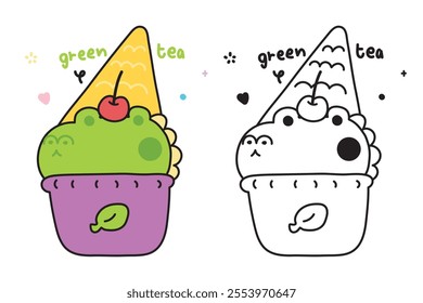 Coloring book.Painting book for kid.Cute crocodile green tea ice cream flavor with cherry and cone.Sweet and dessert.Reptile animal cartoon hand drawn.Kawaii.Vector.Illustration.