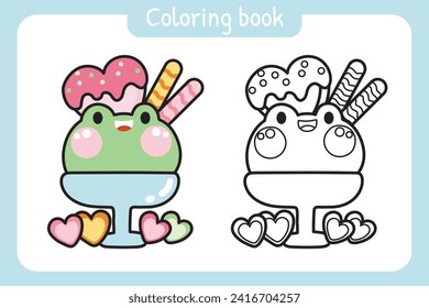 Coloring book.Painting book for kid.Cute frog face ice cream.Reptile animal character cartoon design.Sweet and dessert hand drawn.School student.Art.Kawaii.Vector.Illustration.