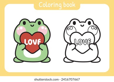 Coloring book.Painting book for kid.Cute frog with heart love word.Reptile animal character cartoon design.Valentines day.School student.Art.Kawaii.Vector.Illustration.