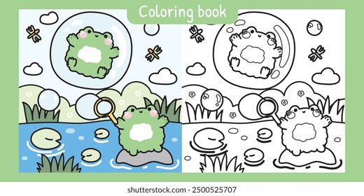 Coloring book.Painting book for kid.Cute frog play soap bubble on the stone in the river at jungle.Frog stay in bubble and dragonfly on sky.Reptile animal character cartoon design.Kawaii.Vector.