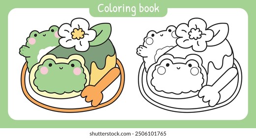 Coloring book.Painting book for kid.Cute frog roll cake flower on white background.Food,sweet,dessert,bakery hand drawn.Reptile animal character cartoon design.Kawaii.Vector.Illustration.