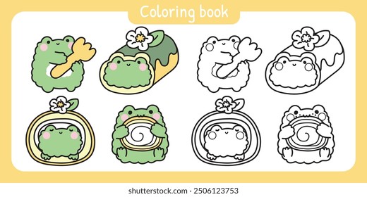 Libro para colorear. Libro de pintura para niños. Rana linda varias poses en el concepto de pastel de rollo. Panadería, pastel, postre, dulce, flor dibujada a mano. Diseño de dibujos animados de personajes de animales reptiles. Kawaii. Vector. Ilustración.