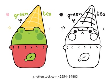 Coloring book.Painting book for kid.Cute frog green tea ice cream flavor with cone.Sweet and dessert.Reptile animal cartoon hand drawn.Kawaii.Vector.Illustration.