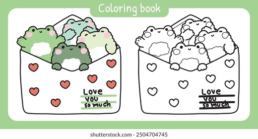 Coloring book.Painting book for kid.Cute frogs in paper mail have heart cartoon design.Message.Card.Love you so much text.Reptile animal character.Kawaii.Vector.Illustration.