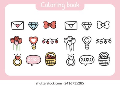 Coloring book.Painting book for kid.Cute icon in valentines day concept.Cartoon hand drawn design.School student.Art.Heart,diamond,bow,ring,rose.Kawaii.Vector.Illustration.