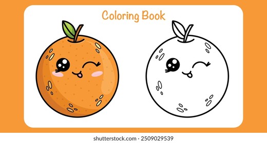 Libro para colorear. Libro de pintura para niños. Lindo naranja kawaii sobre fondo blanco. Comida, dulce, postre, panadería dibujado a mano. Diseño de dibujos animados de personajes. Ilustración vectorial.