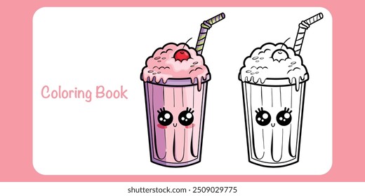 Colorir book.Painting livro para kid.Cute kawaii milkshake no fundo branco. Comida, doce, sobremesa, padaria desenhada à mão. Character cartoon design.Vetor ilustração.