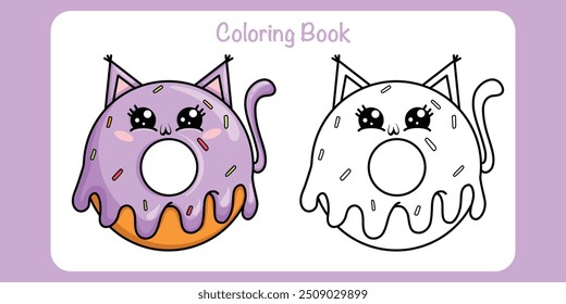 Libro para colorear. Libro de pintura para niños. Lindo gato donut kawaii sobre fondo blanco. Comida, dulce, postre, panadería dibujado a mano. Diseño de dibujos animados de personajes. Ilustración vectorial.