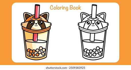 Coloring book.Painting book for kid.Cute kawaii red panda bubble tea on white background. Food, sweet, dessert, bakery hand drawn. Character cartoon design.Vector illustration.