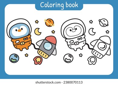 Coloring book.Painting book for kid.Cute penguin astronaut with rocket and planet.Bird animal chatacter cartoon design.School student.Art.Kawaii.Vector.Illustration.