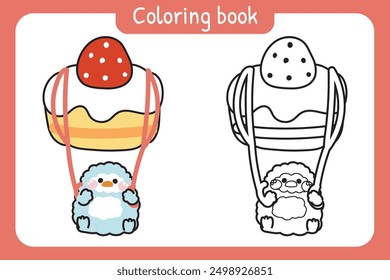 Coloring book.Painting book for kid.Cute pennguin parachute strawberry cake shape cartoon hand drawn.Bakery,sweet,dessert.Bird animal character.Kawaii.Vector.Illustration.