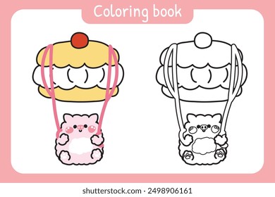 Coloring book.Painting book for kid.Cute pig parachute cherry cream bread shape cartoon hand drawn.Bakery,sweet,dessert.Farm animal character.Kawaii.Vector.Illustration.