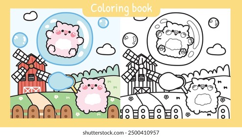 Libro para colorear. Libro de pintura para niños. Cerdo lindo juego burbuja de jabón en el jardín en la granja de la casa. Estancia del cerdo en la burbuja en el fondo del cielo. Diseño de dibujos animados de personajes de animales de granja. Kawaii. Vector. Ilustración.