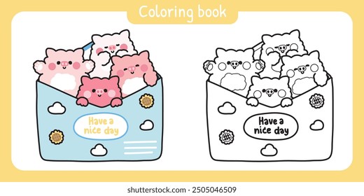 Coloring book.Painting book for kid.Cute pig in paper mail have cloud and sunflower cartoon design.Message.Card.Have a nice day text.Farm animal character.Kawaii.Vector.Illustration.