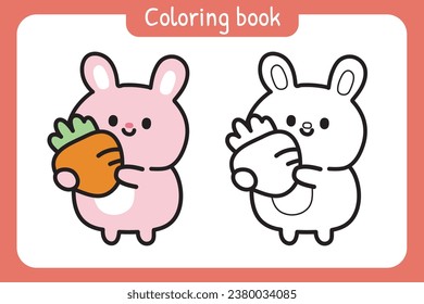 Coloring book.Painting book for kid.Cute rabbit with carrot cartoon hand drawn.Rodent animal character.Kawaii.Vector.Illustration.