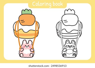 Coloring book.Painting book for kid.Cute rabbit parachute carrot cake shape cartoon hand drawn.Bunny.Easter.Bakery,sweet,dessert.Rodent animal character.Kawaii.Vector.Illustration.