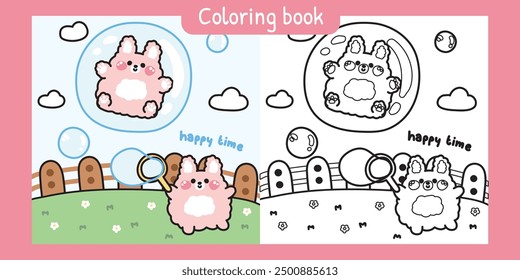 Coloring book.Painting book for kid.Cute rabbit play soap bubble on the garden.Rabbit stay in bubble on sky background.Rodent animal character cartoon design.Kawaii.Vector.Illustration.