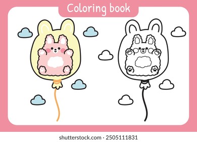 Coloring book.Painting book for kid.Cute rabbit bunny in balloon on sky and cloud hand drawn.Easter.Rodent animal character cartoon design.Kawaii.Vector.Illustration.