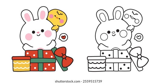 Coloring book.Painting book for kid.Cute rabbit bunny and chicken stay in bow gift box.Heart.Surprise.Presents.Birthday.Celebrated.Party.Rodent and bird animal character cartoon.Kawaii.Vector.