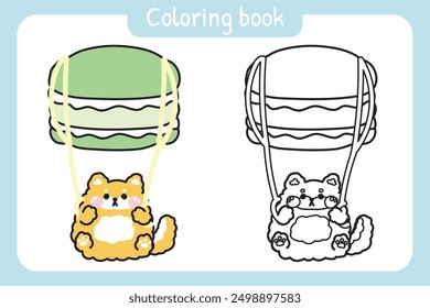 Libro para colorear. Libro de pintura para niños. Lindo perro shiba inu paracaídas macaron forma de dibujos animados dibujado a mano. Panadería, dulce, postre. Personaje animal japonés mascota. Kawaii. Vector. Ilustración.