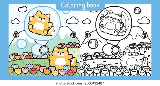 Malbuch.Malbuch für Kind.Süße shiba inu Hund spielen Seifenblase auf dem Blumengarten.Hund bleiben in Blase mit Biene auf Himmel Berg Hintergrund.Japanische Haustier Charakter Cartoon Design.Kawaii.