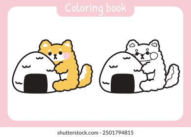 Malbuch.Malbuch für Kind.Süße shiba inu Hund sitzen Reisball zu halten.Japanische Haustier Tier und Lebensmittel Cartoon Charakter Design.Kawaii.Vector.Illustration.