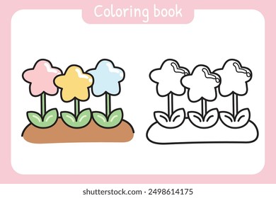 Libro para colorear. Libro de pintura para niños. Dibujo animado de flores de estrella linda dibujado a mano. Naturaleza. Floral. Hoja. Kawaii. Vector. Ilustración.