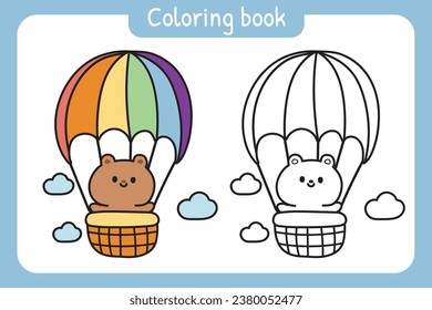 Coloring book.Painting book for kid.Cute teddy bear stay in balloon on sky background.Wild animal character cartoon design.School student.Art.Kawaii.Vector.Illustration.