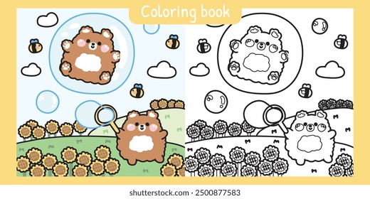 Coloring book.Painting book for kid.Cute teddy bear play soap bubble on the sunflower garden.Bear stay in bubble with bee on sky background.Wild animal character cartoon design.Kawaii.Vector