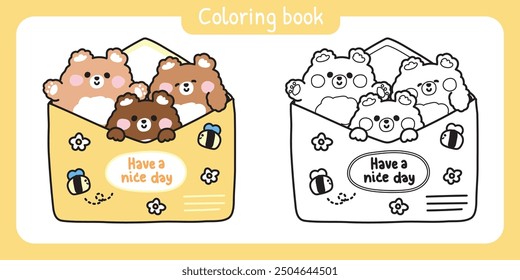 Coloring book.Painting book for kid.Cute teddy bear in paper mail have bee and flower cartoon design.Message.Card.Wild animal character.Kawaii.Vector.Illustration.