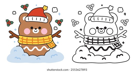 Coloring book.Painting book for kid.Cute teddy bear cartoon wear santa hat and scarf in snowman with holly seed.Merry christmas.Happy new year festival.Winter.Kawaii.Vector.Illustration.