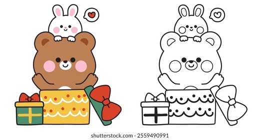 Coloring book.Painting book for kid.Cute teddy bear and rabbit bunny stay in bow gift box.Heart.Surprised.Presents.Birthday.Celebrated.Party.Wild and rodent animal character cartoon.Kawaii.Vector.