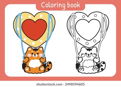 Coloring book.Painting book for kid.Cute tiger parachute strawberry jam heart cookies shape cartoon hand drawn.Bakery,sweet,dessert.Wild animal character.Kawaii.Vector.Illustration.