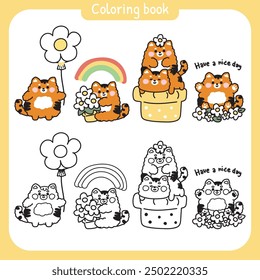 Coloring book.Painting book for kid.Cute tiger with flower in various poses.Floral.Blooming.Nature.Spring.Balloon.Rainbow.Wild animal character cartoon design.Kawaii.Vector.Illustration.