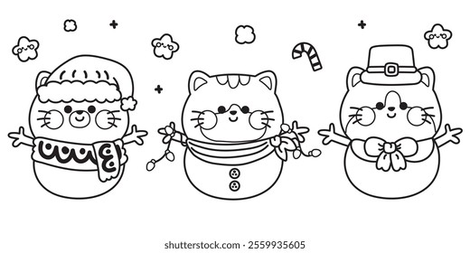 Coloring book.Painting book for kid.Merry christmas.New year.Set of cute cat wear santa hat and scarf in snowman on snow background.Meow.Pet animal character cartoon.Kawaii.Vector.Illustration.