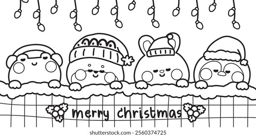 Coloring book.Painting book for kid.Merry christmas.Set of cute animals sleeping with blanket.Frog,shiba inu dog,rabbit,penguin.Happy new year.Christmas light.Kawaii.Vector.Illustration.