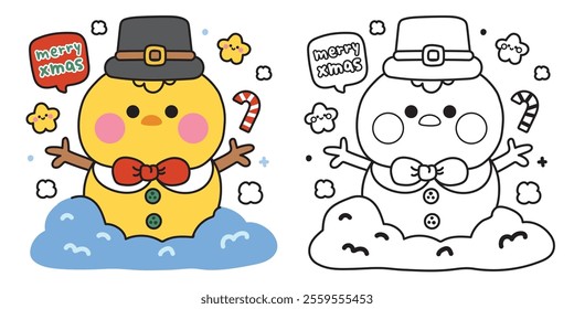 Coloring book.Painting book for kid.Merry christmas.Happy new year festival.Cute chicken wear hat and bow in snowman with merry xmas text.Candy.Star.Farm bird animal character cartoon.Kawaii.Vector.