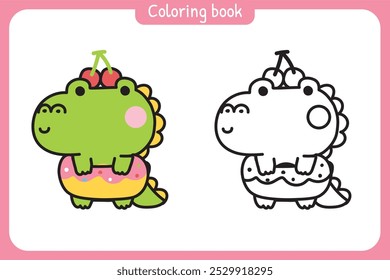 Livro de colorir.Livro de pintura para kid.School.Page.Bakery e sobremesa doce.Bonito crocodilo donut mascote com cherry.Reptile animal personagem desenho animado.Kawaii.Vetor.Ilustração.