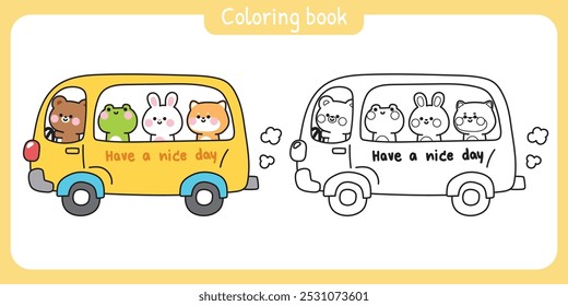 Libro para colorear. Libro de pintura para niños. Escuela. Página. Animales lindos permanecen en el autobús. Vehículo. Oso de peluche, rana, conejo, perro shiba inu. Dibujos animados de personajes animales. Kawaii. Vector. Ilustración.