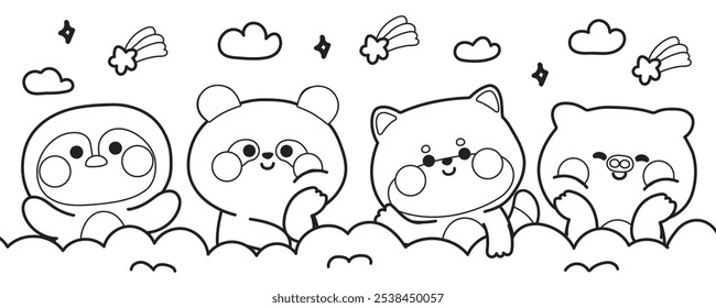 Libro para colorear. Libro de pintura para niños. Escuela. Página. Animales lindos saludando con nube y arco iris de estrella en el fondo del cielo. Pingüino, oso panda, perro shiba inu, cerdo dibujado a mano. Dibujos animados animales. Kawaii. Vector