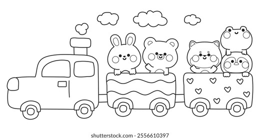 Coloring book.Painting book for kid.School.Page.Cute animals stay on train.Traffic.Vehicle.Animal character cartoon design.Rabbit,teddy bear,shiba inu dog,penguin,frog.Kawaii.Vector.Illustration.