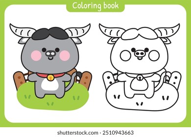 Coloring book.Painting book for kid.School.Page.Cute buffalo stand on grass wooden fence.Farm animal character cartoon design.Kawaii.Vector.Illustration.