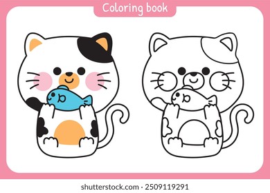 Coloring book.Painting book for kid.School.Page.Cute cat with fish sit on white background.Kitten.Meow.Pet animal character cartoon design.Kawaii.Vector.Illustration.