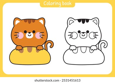 Coloring book.Painting book for kid.School.Page.Cute cat with bread.Bakery hand drawn.Meow.Pet animal character cartoon design.Image for card,sticker,baby clothing.Kawaii.Vector.Illustration.