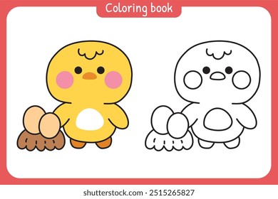 Coloring book.Painting book for kid.School.Page.Cute chicken with eggs.Farm bird animal character cartoon design.Kawaii.Vector.Illustration.