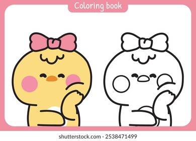 Coloring book.Painting book for kid.School.Page.Cute chicken girl smilling wear bow.Bird animal character cartoon design.Kawaii.Vector.Illustration.